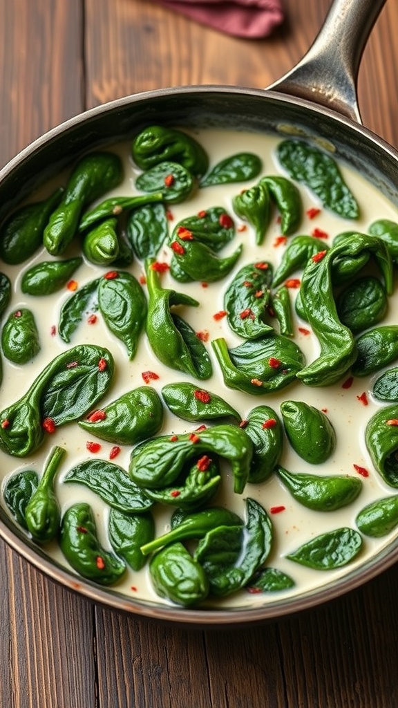 Creamy spinach sautéed with garlic in almond milk, garnished with red pepper flakes, in a rustic skillet.